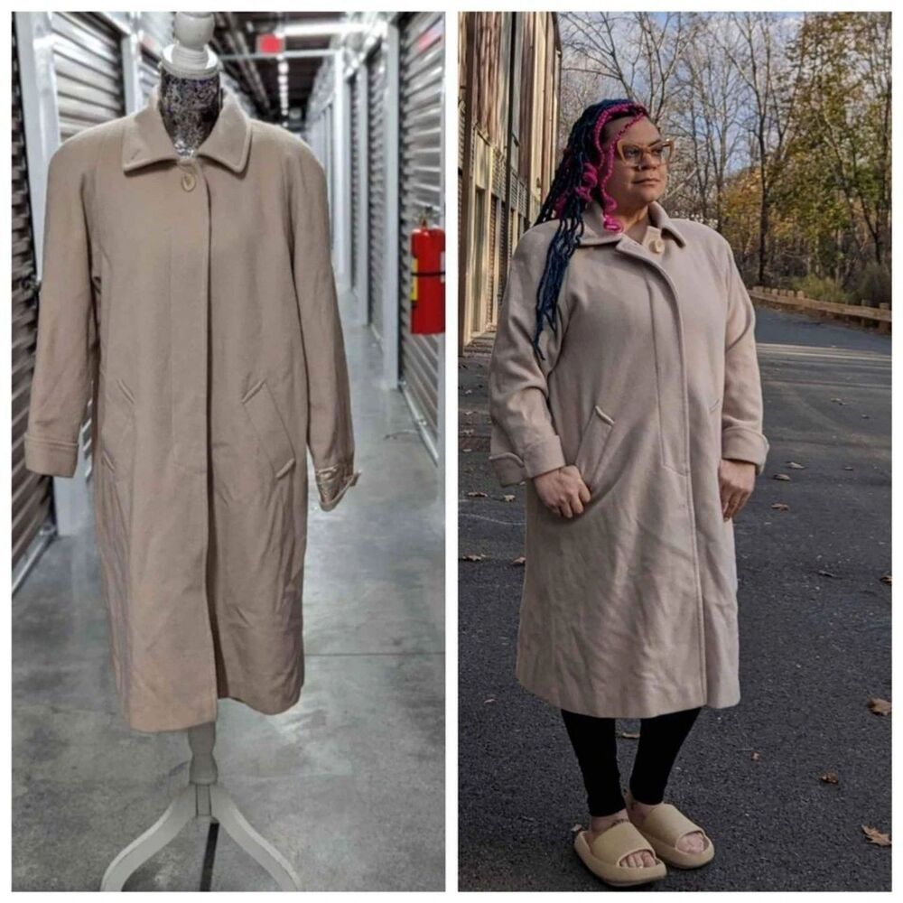 Vintage JH Collectibles Sz 12P Beige Wool & Cashmere Longline Pea Coat Old Money